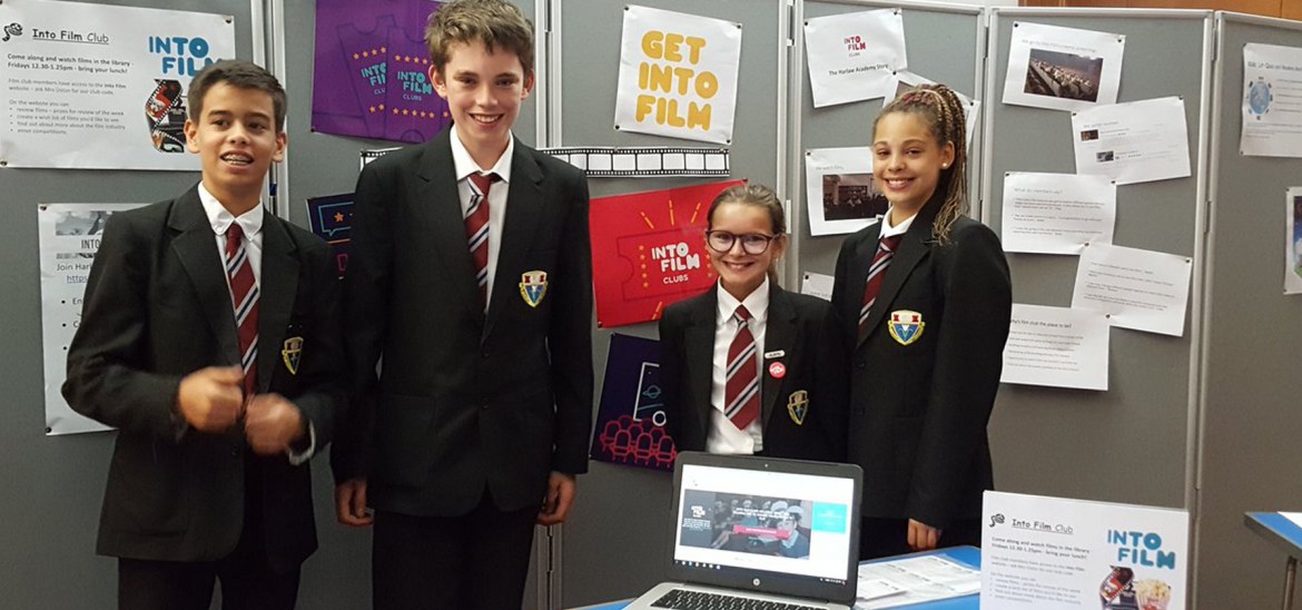 Members of Harlaw Academy Into Film Club hosting a stall to promote club